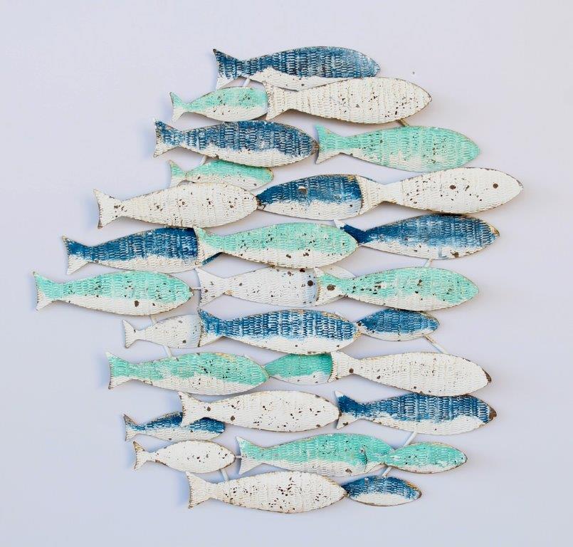 AQUA & WHITE METAL SWIMMING FISH 63 x 67cm